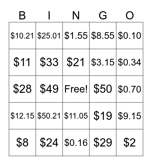 Money BINGO Card