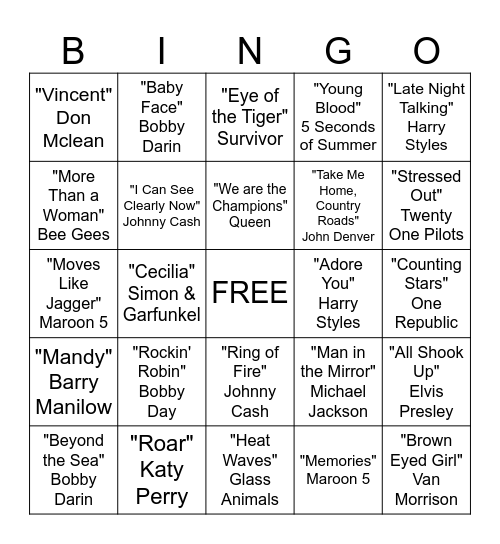 Musical Bingo Card