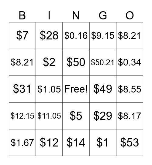 MONEY BINGO Card