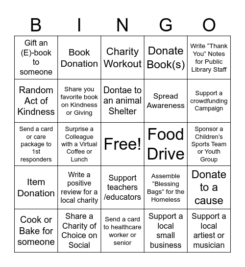 PBC Remote Giving Challenge Bingo Card