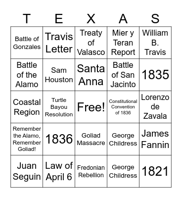 Texas Revolution Bingo Card