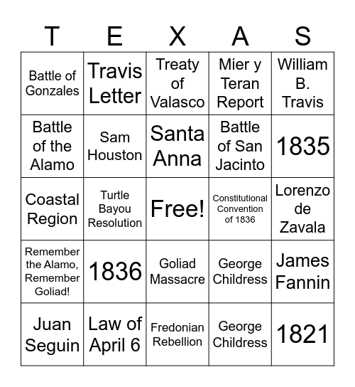 Texas Revolution Bingo Card