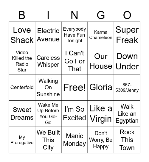 80s Hits Bingo Card