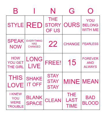 TAYLOR SWIFT SONGS Bingo Card