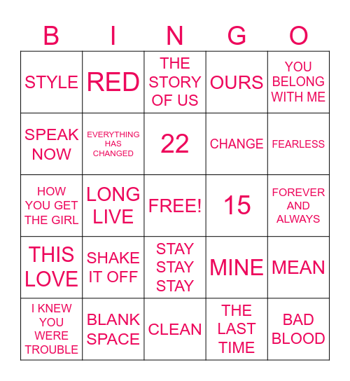 TAYLOR SWIFT SONGS Bingo Card