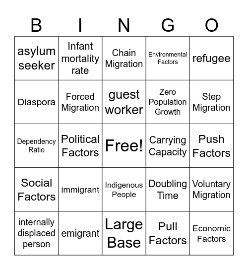 Human Geo Unit 2 - Population & Migration Bingo Card