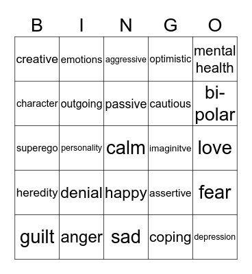 Personality and Self-esteem Bingo Card