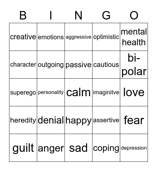 Personality and Self-esteem Bingo Card