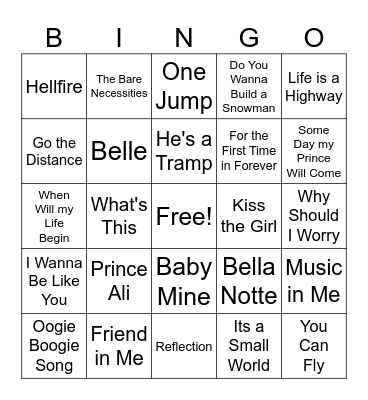 Disney Songs #2 Bingo Card