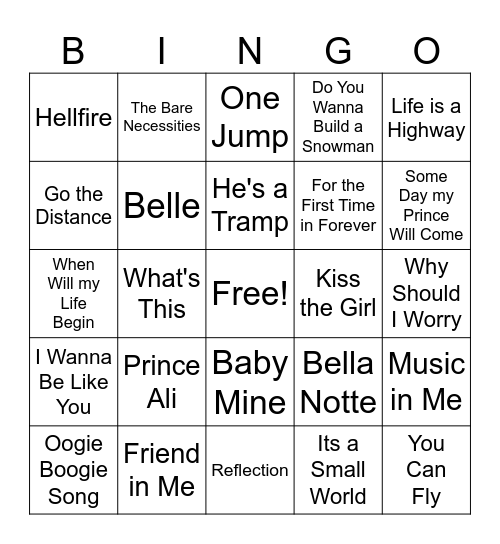 Disney Songs #2 Bingo Card