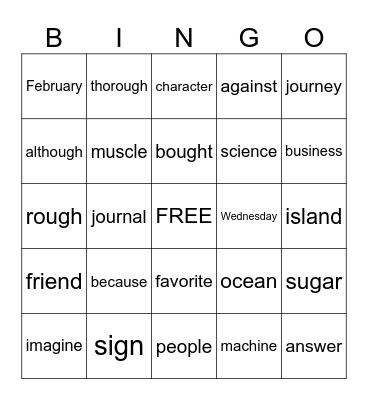 Really Big Heart Words Bingo Card