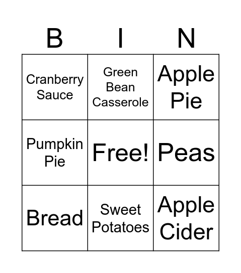 Thanksgiving Edition Bingo Card