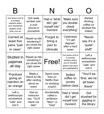 Graduated Nursing School Bingo Card