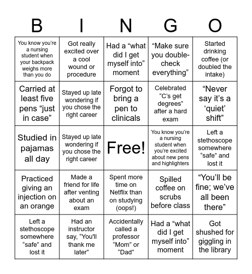 Graduated Nursing School Bingo Card