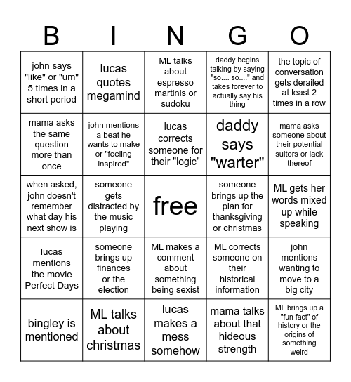 Hooker Family Bingo Card