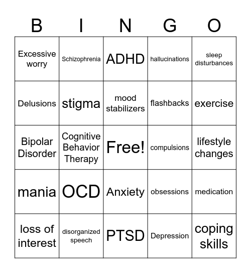 Mental Health Conditions Bingo Card