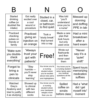Nursing School: Things I did and heard! Bingo Card
