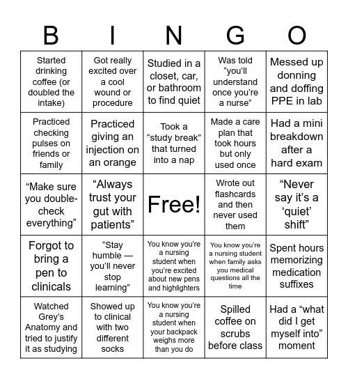 Nursing School: Things I did and heard! Bingo Card