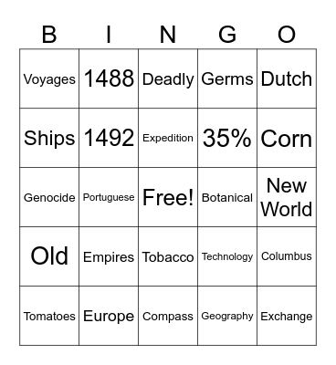 Columbian Exchange Bingo Card