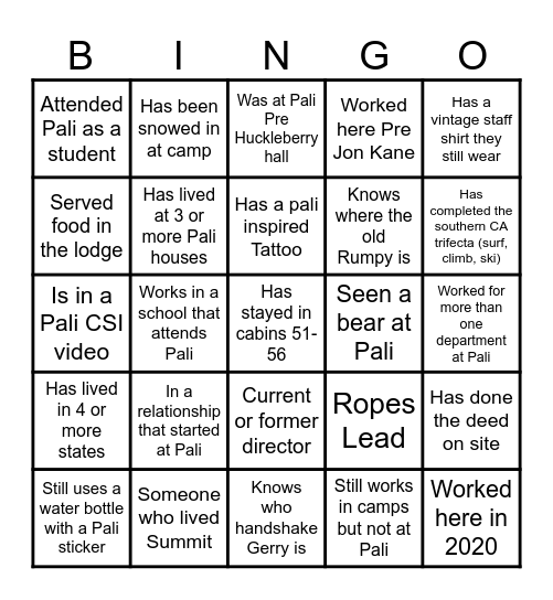 Pali Institute Reunion Bingo Card