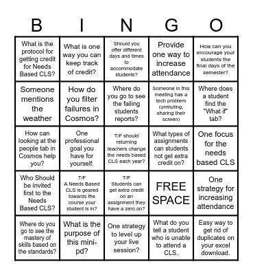 Needs Based Mini PD Bingo Card