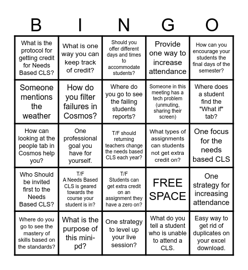 Needs Based Mini PD Bingo Card