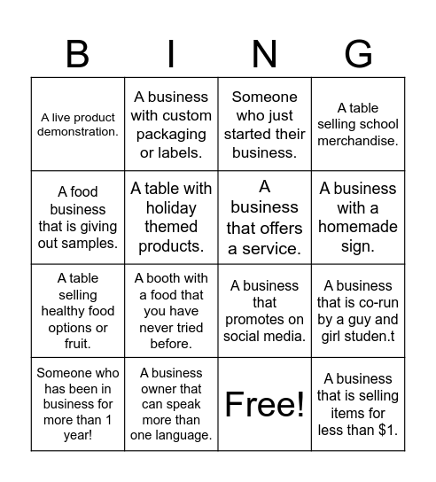 Student Business Expo Bingo Card