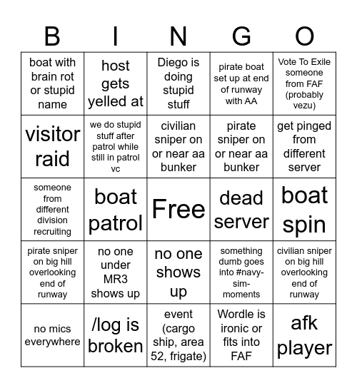 FAF patrol bingo Card