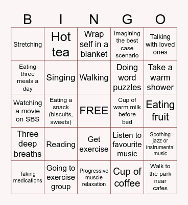 Pleasant or Soothing Activities Bingo Card