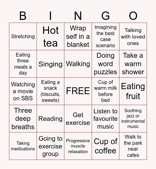 Pleasant or Soothing Activities Bingo Card