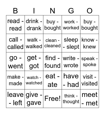 Past simple verbs Bingo Card