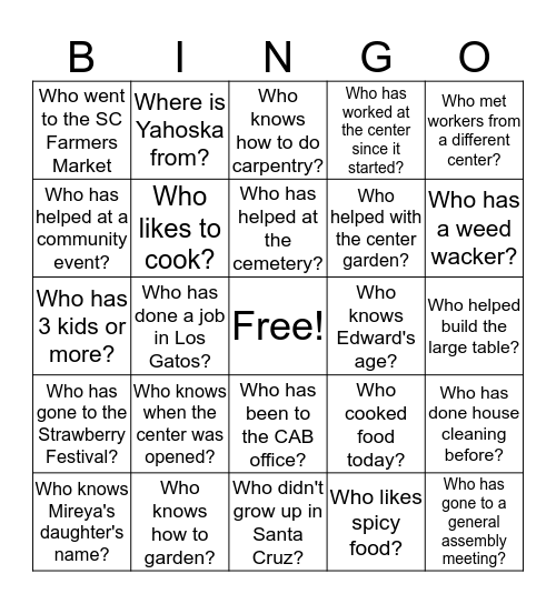 Day Worker Center Bingo Card