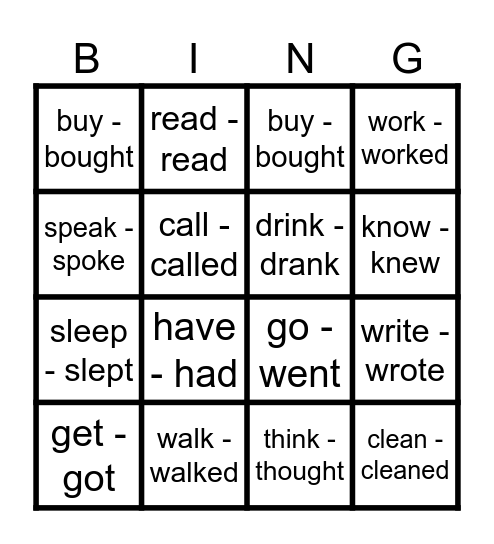 Past simple verbs Bingo Card