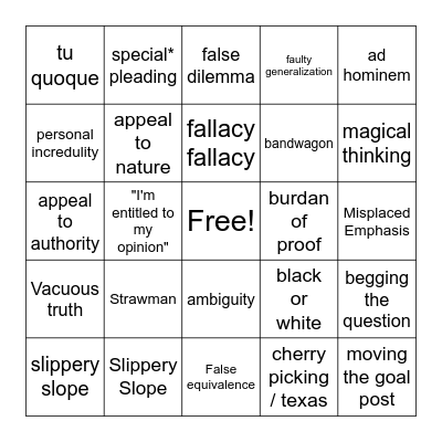 Logical Fallacy Bingo Card