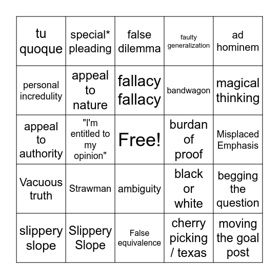 Logical Fallacy Bingo Card