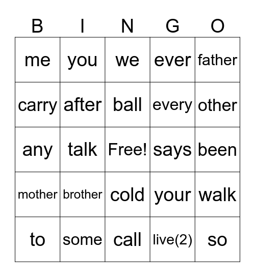 Sight Word BINGO! Bingo Card