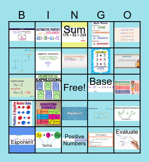 Algebra 1 Bingo Card