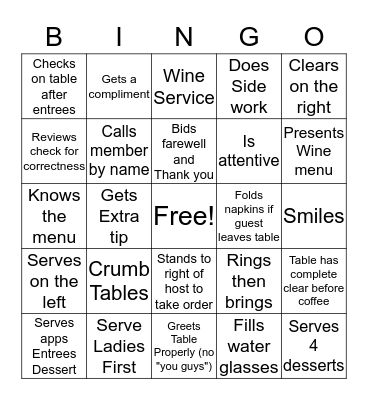 Service Bingo Card