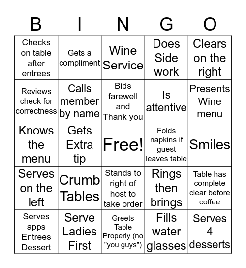 Service Bingo Card