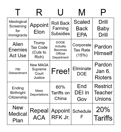 Trump 2nd Term (2024-2028) Bingo Card