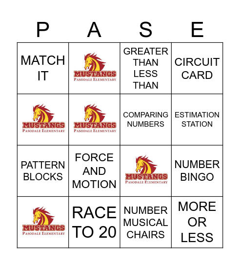 Pasodale Math & Science Night Bingo Card