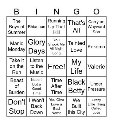 Classic Road Trip Songs Bingo Card