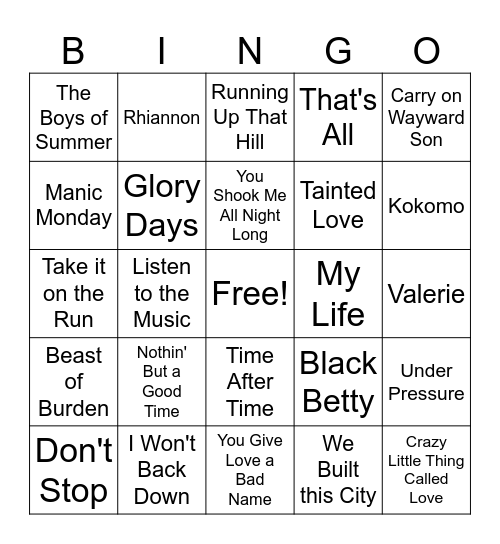 Classic Road Trip Songs Bingo Card