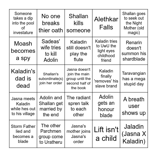 Ahmed's Oathbringer Bingo Card