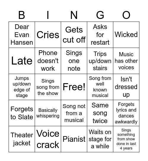 Audition Bingo Card