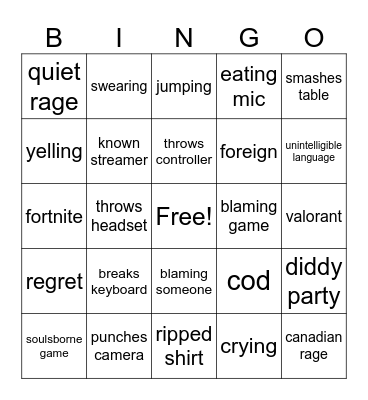 Gamer Rage Bingo Card