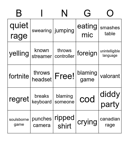 Gamer Rage Bingo Card