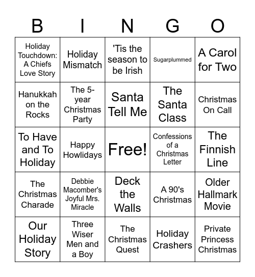 Hallmark Movie Bingo Card