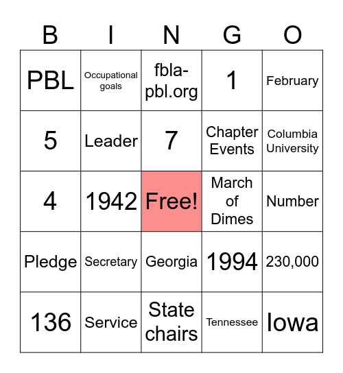 FBLA Bingo Card