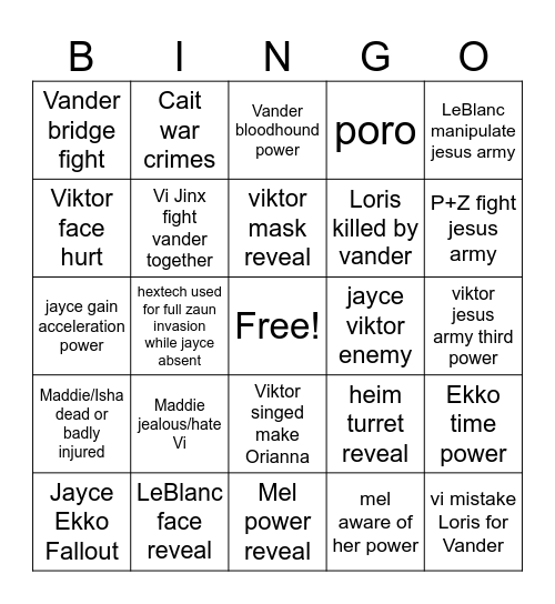 Arcane Season 2 Act II Bingo Card